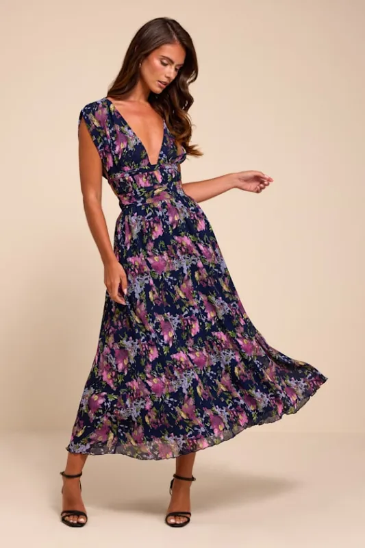 Taylen Navy Multi Floral Plisse Midi Dress made by Lulus