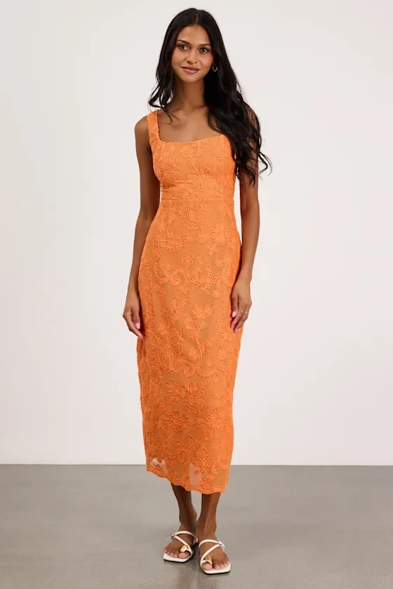 Larine Orange Abstract Floral Embroidered Midi Dress sold by Lulus