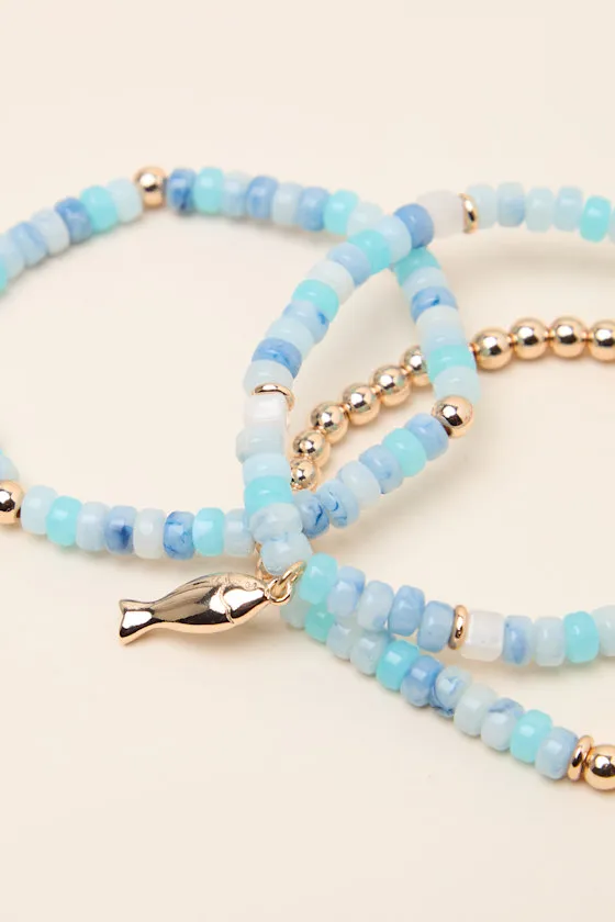 Analisa Blue Multi Beaded Three-Piece Bracelet Set sold by Lulus