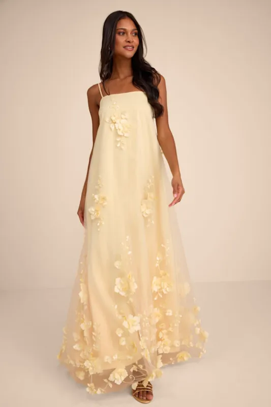 Allie Light Yellow Floral Applique Shift Maxi Dress made by Lulus
