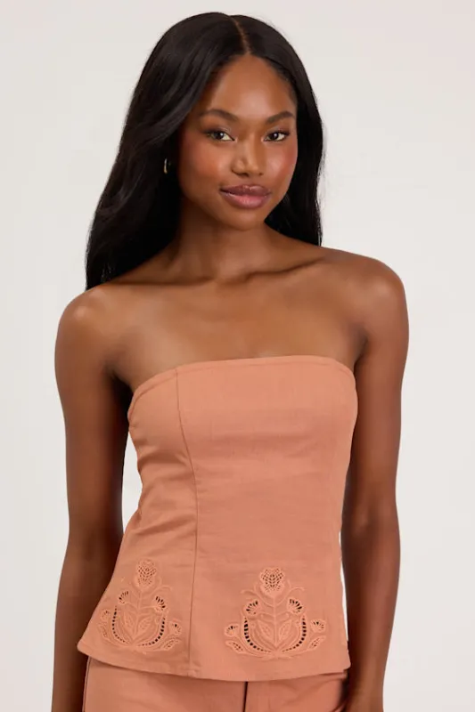 Tristen Terracotta Embroidered Strapless Top made by Lulus