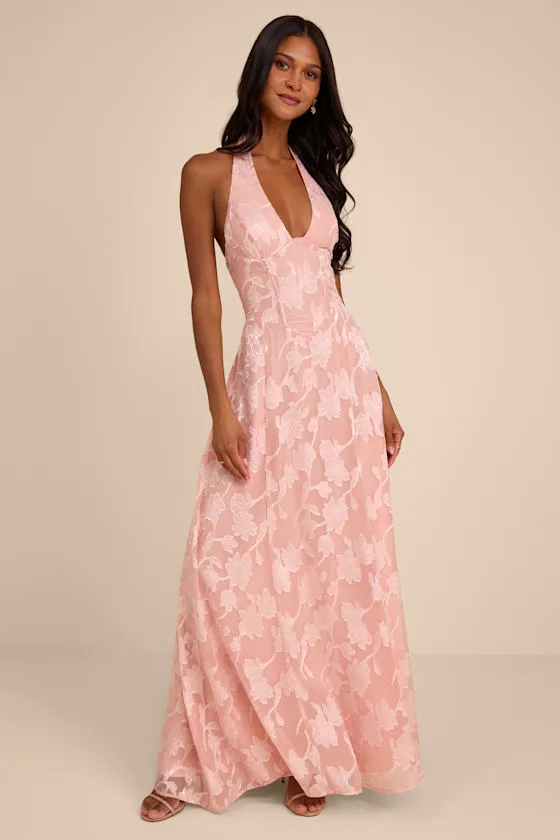 Maira Blush Pink Floral Burnout Halter Maxi Dress sold by Lulus