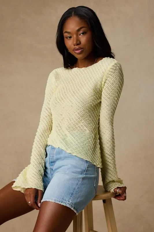 Xavia Light Yellow Ruffled Knit Asymmetrical Long Sleeve Top made by Lulus