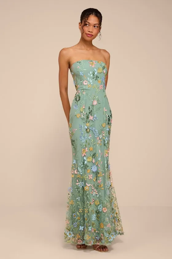Stefanie Dark Sage Floral Embroidered Mermaid Maxi Dress sold by Lulus