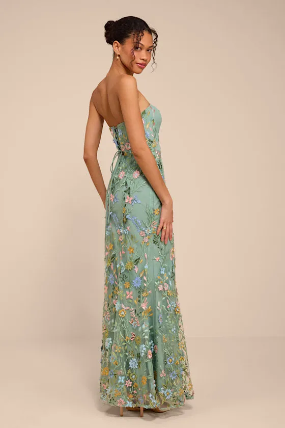 Stefanie Dark Sage Floral Embroidered Mermaid Maxi Dress sold by Lulus product image thumbnail 3