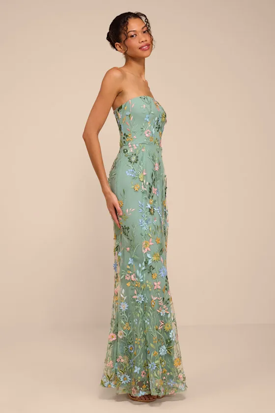 Stefanie Dark Sage Floral Embroidered Mermaid Maxi Dress sold by Lulus product image thumbnail 4