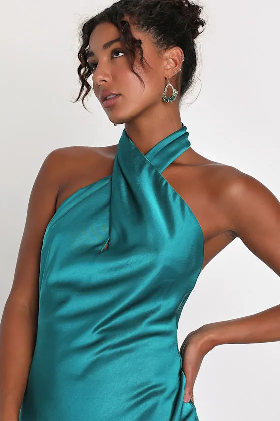 Beyond Classy Teal Green Satin Halter Midi Dress sold by Lulus product image thumbnail 3