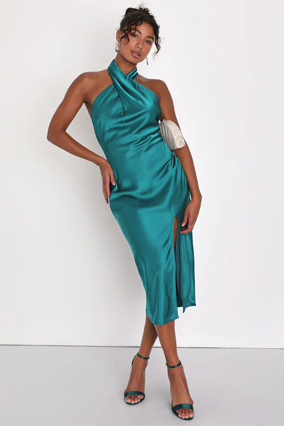 Beyond Classy Teal Green Satin Halter Midi Dress sold by Lulus product image thumbnail 4