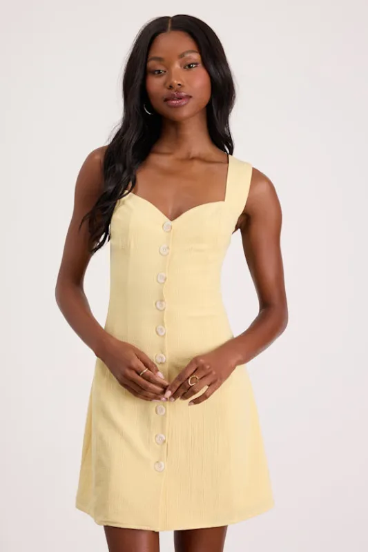 Sarie Light Yellow Textured Button-Front Mini Dress made by Lulus
