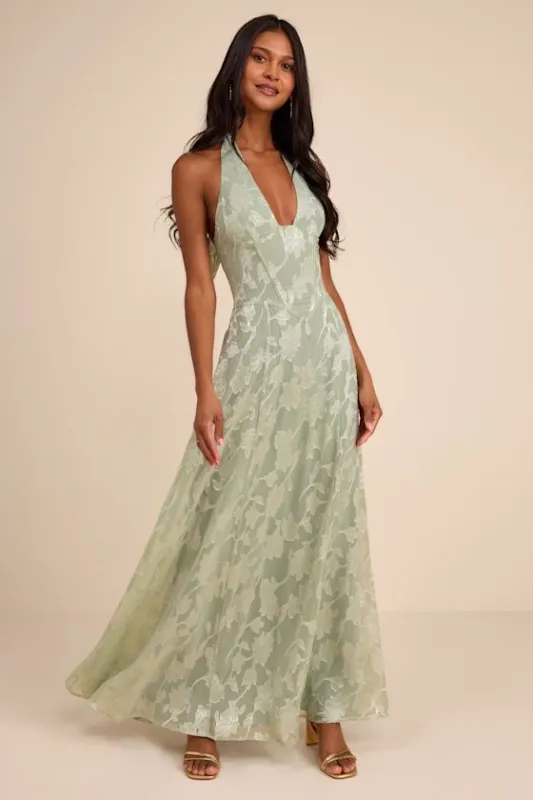 Maira Sage Floral Burnout Halter Maxi Dress made by Lulus