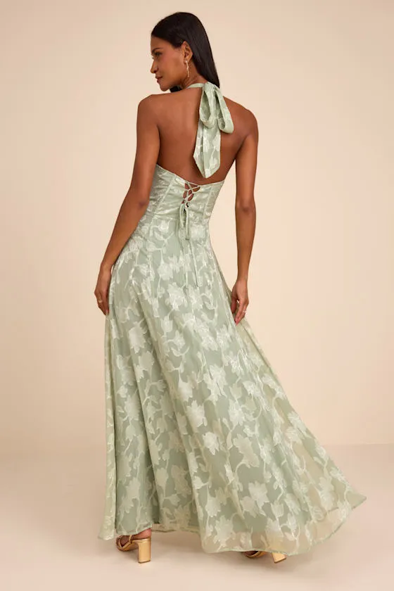 Maira Sage Floral Burnout Halter Maxi Dress sold by Lulus product image thumbnail 3