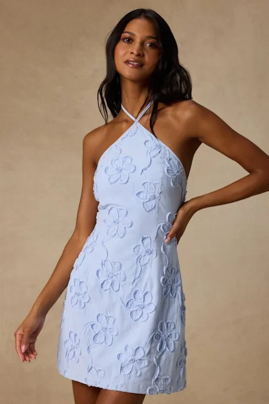 Marlina Light Blue Striped Floral Halter Mini Dress made by Lulus
