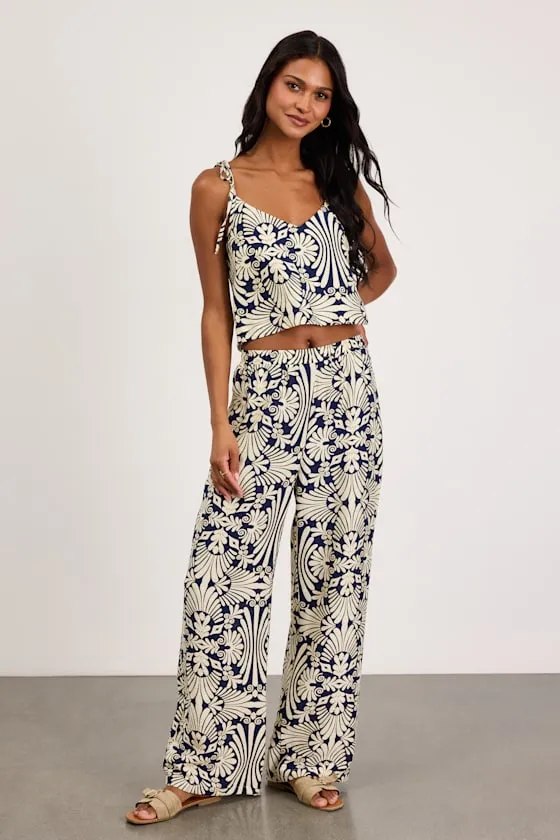 Abril Navy and Ivory Boho Print Tie-Strap Cami Top sold by Lulus product image thumbnail 4