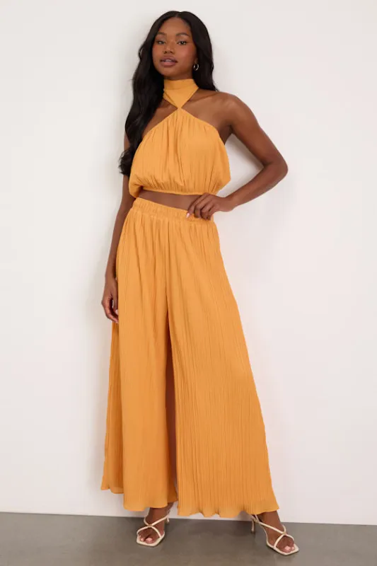 Nikaia Light Orange Plisse Wide-Leg Pants made by Lulus