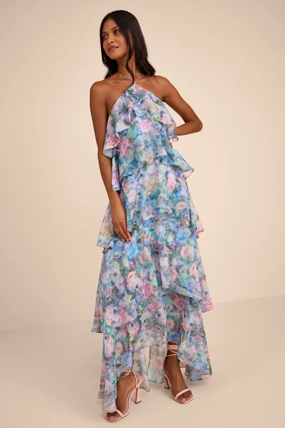 Melody Light Blue Floral Tiered Halter Maxi Dress sold by Lulus