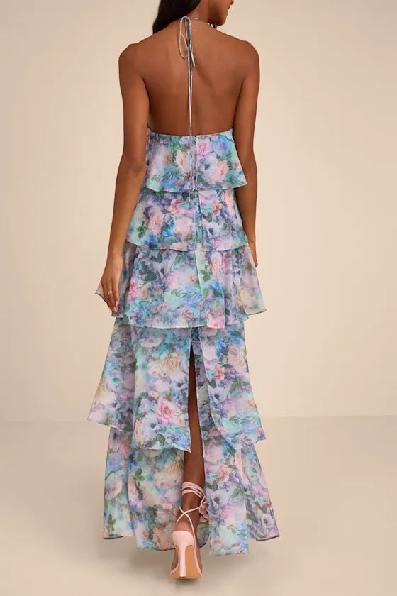 Melody Light Blue Floral Tiered Halter Maxi Dress sold by Lulus product image thumbnail 3