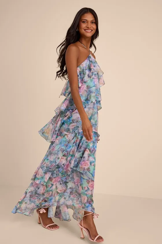 Melody Light Blue Floral Tiered Halter Maxi Dress sold by Lulus product image thumbnail 4