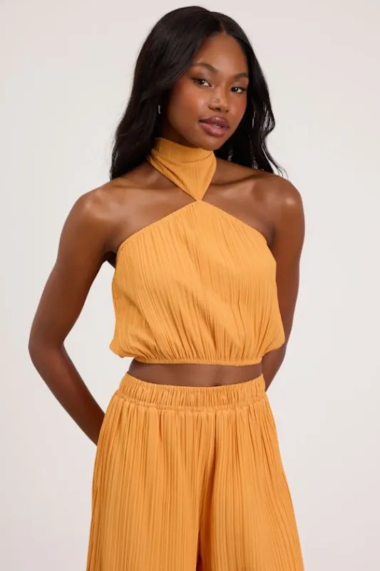 Nikaia Light Orange Plisse Halter Top made by Lulus