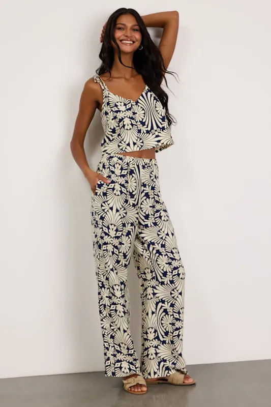 Abril Navy and Ivory Boho Print Wide-Leg Pants made by Lulus