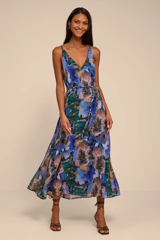 Denay Blue Multi Floral V-Neck Midi Dress sold by Lulus
