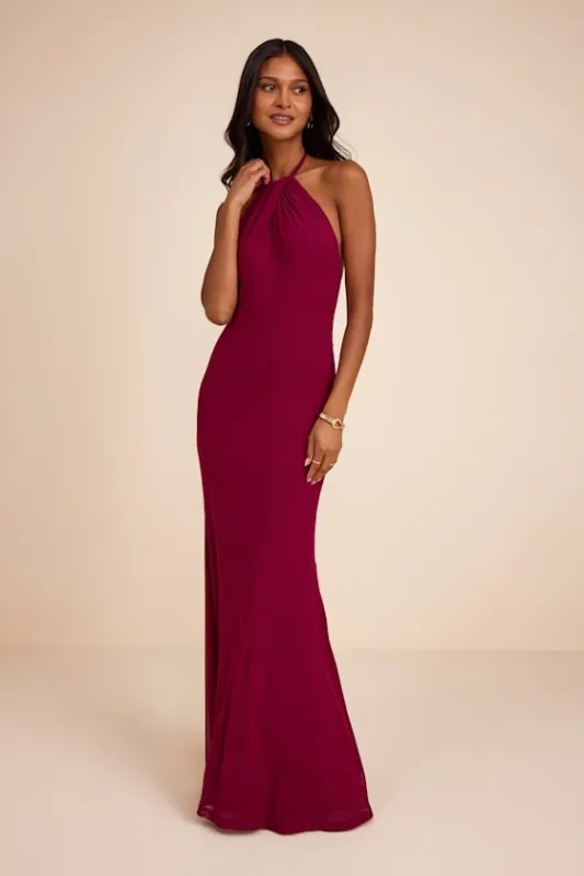 Adriel Berry Red Mesh Halter Mermaid Maxi Dress made by Lulus