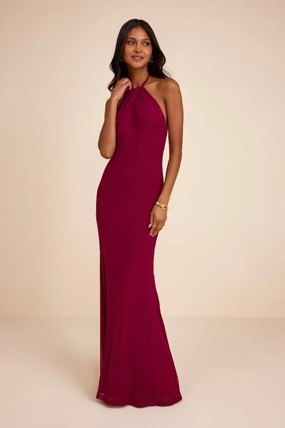 Adriel Berry Red Mesh Halter Mermaid Maxi Dress sold by Lulus