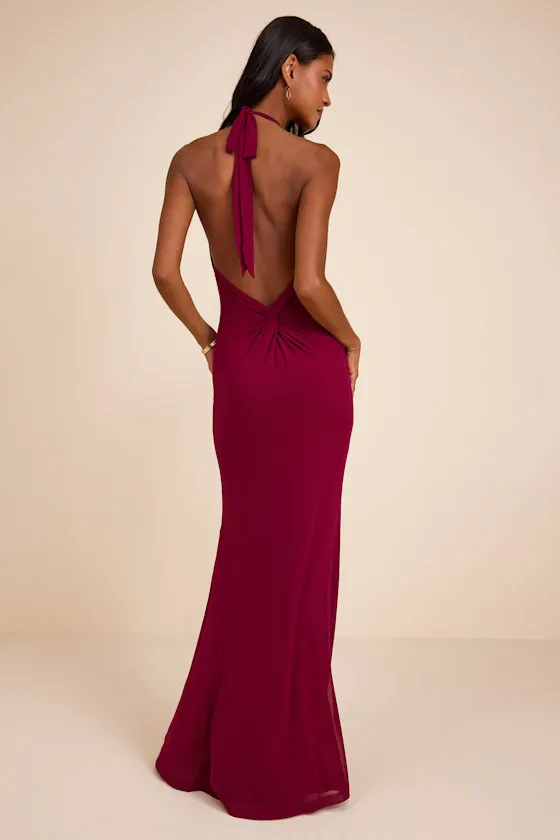 Adriel Berry Red Mesh Halter Mermaid Maxi Dress sold by Lulus product image thumbnail 3
