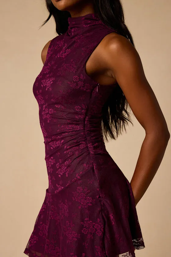 Drina Plum Lace Mock Neck Ruched Mini Dress sold by Lulus product image thumbnail 4