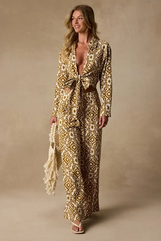Cove Ivory and Tan Boho Print Tie-Front Top sold by Lulus