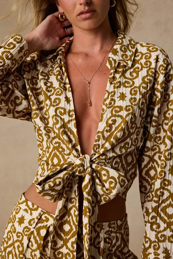 Cove Ivory and Tan Boho Print Tie-Front Top sold by Lulus product image thumbnail 4
