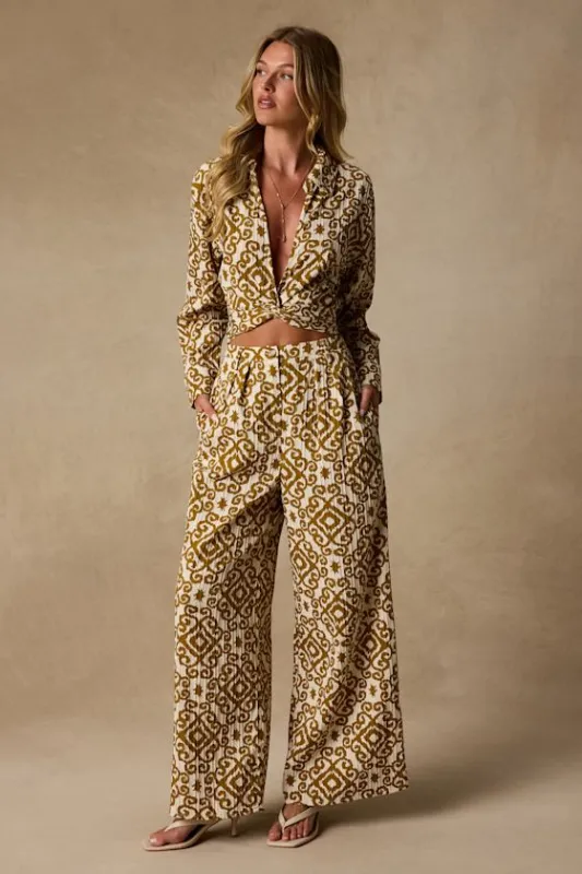 Cove Ivory and Tan Boho Print Wide-Leg Trousers made by Lulus