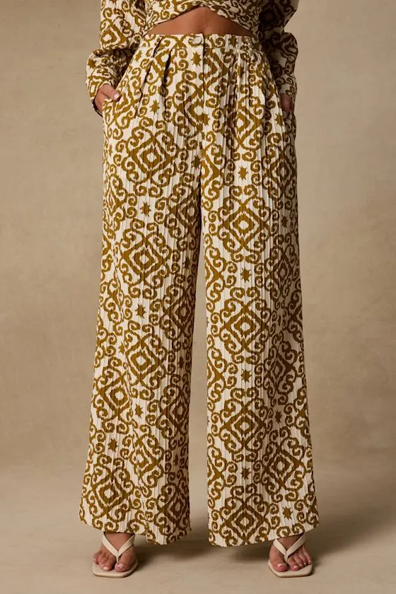 Cove Ivory and Tan Boho Print Wide-Leg Trousers sold by Lulus product image thumbnail 3