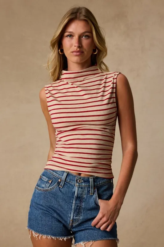 Krisella Beige and Red Striped Mock Neck Top made by Lulus