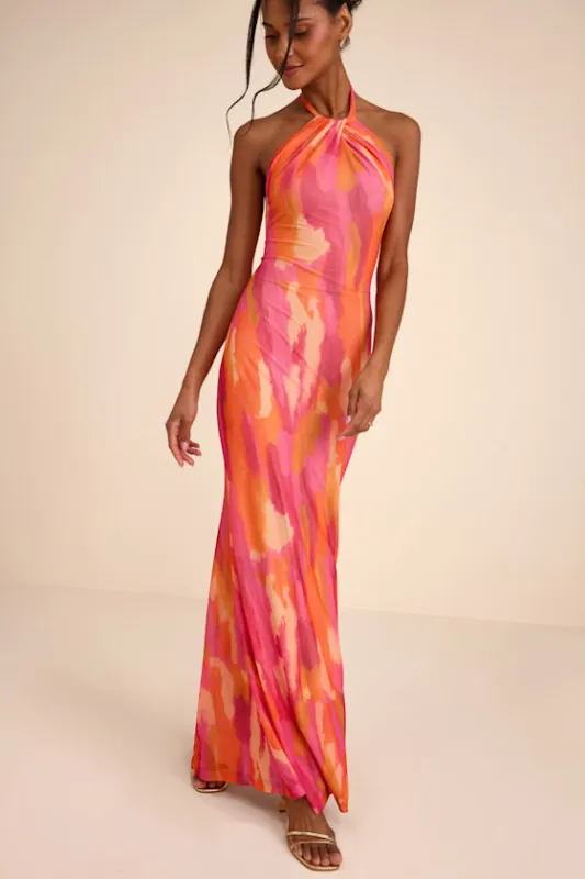 Adriel Orange Multi Abstract Mesh Halter Mermaid Maxi Dress made by Lulus
