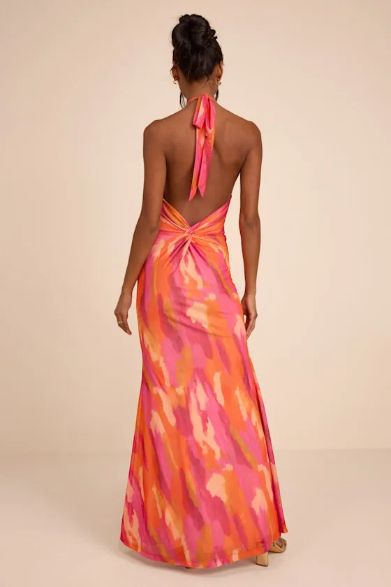 Adriel Orange Multi Abstract Mesh Halter Mermaid Maxi Dress sold by Lulus product image thumbnail 3