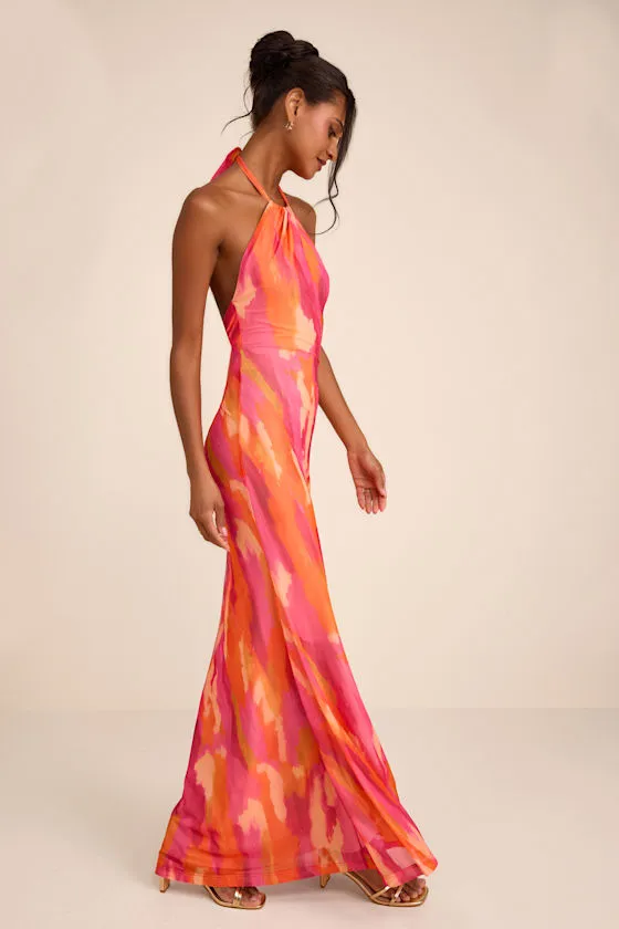 Adriel Orange Multi Abstract Mesh Halter Mermaid Maxi Dress sold by Lulus product image thumbnail 4