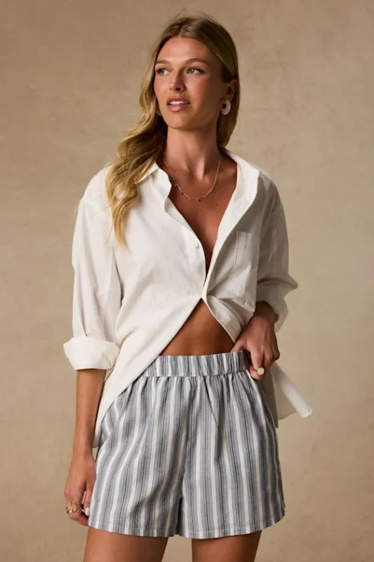 Classic Ivory and Navy Striped Linen Beach Shorts made by Lulus
