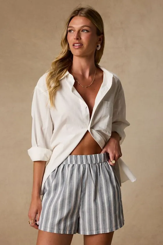 Classic Ivory and Navy Striped Linen Beach Shorts sold by Lulus
