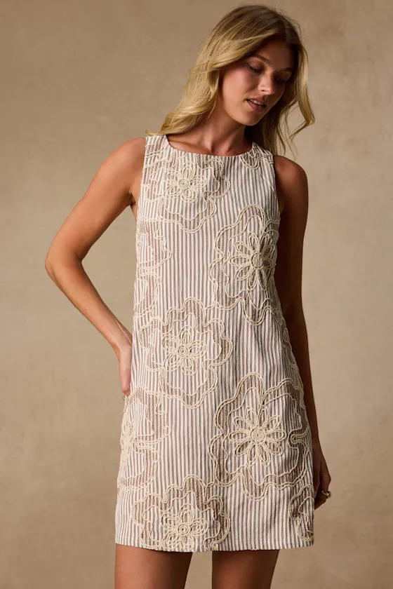 Francisca White and Brown Striped Embroidered Mini Dress sold by Lulus
