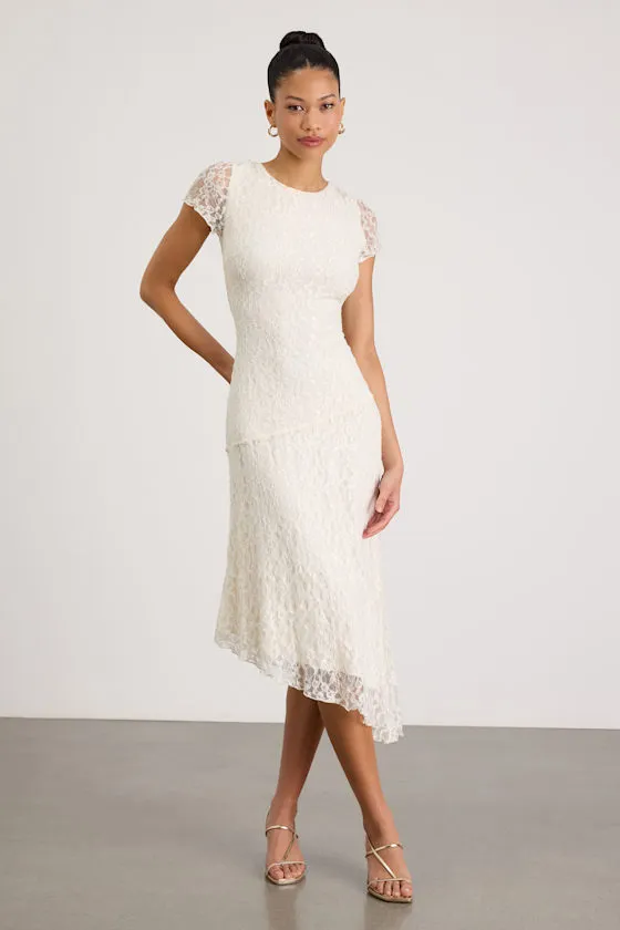 Madelina Ivory Lace Asymmetrical Midi Dress sold by Lulus