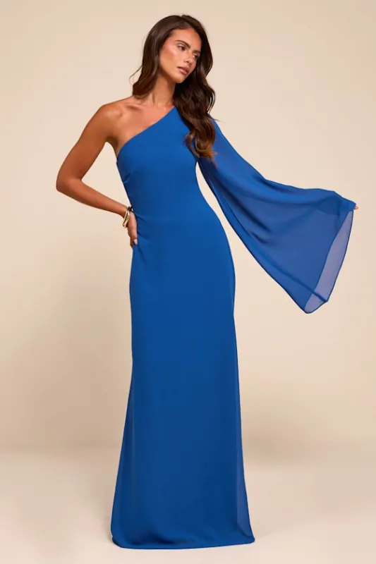 Elizabeth Blue One-Shoulder Bell Sleeve Maxi Dress made by Lulus
