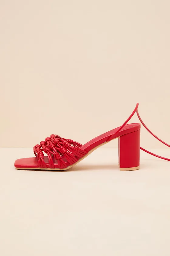 Eda Red Knotted Lace-Up High Heel Sandals sold by Lulus
