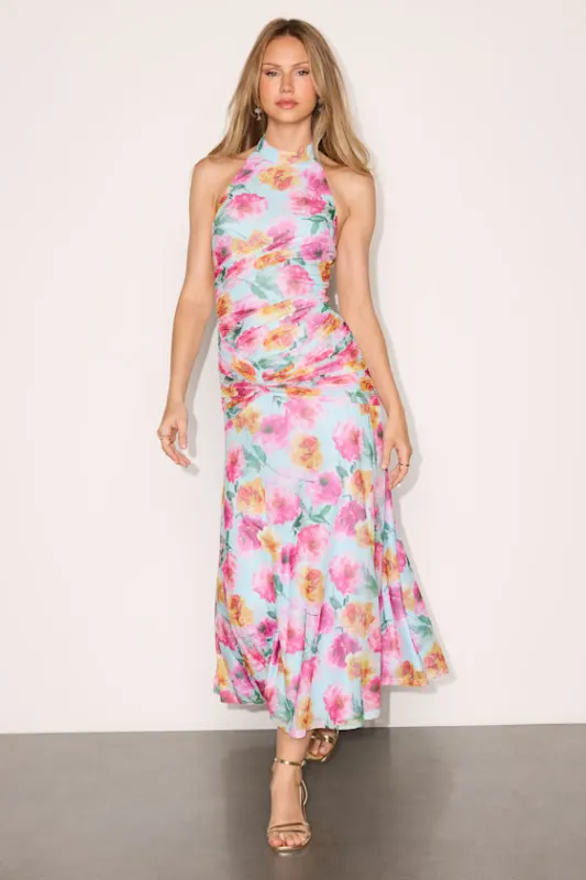 Nancy Light Blue Multi Mesh Halter Midi Dress made by Lulus