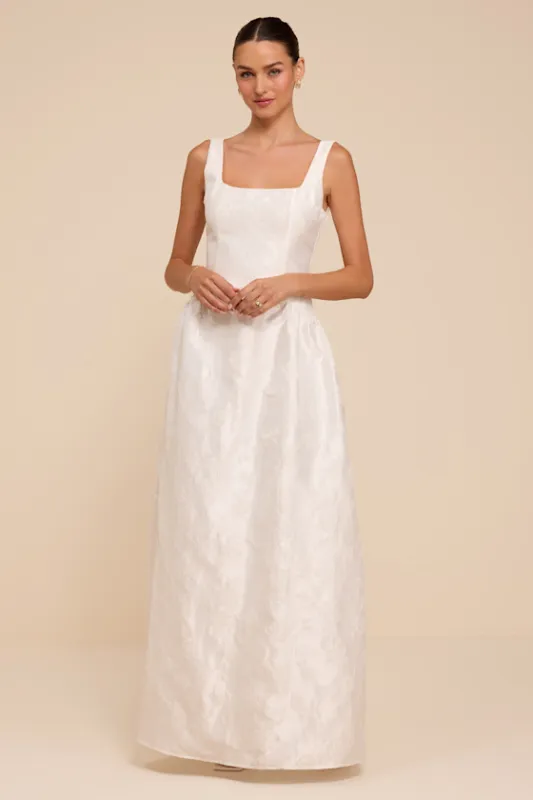 Danara White Floral Jacquard Square-Neck Maxi Dress made by Lulus
