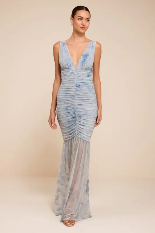 Jamie Light Blue Floral Mesh Sheer Hem Maxi Dress made by Lulus