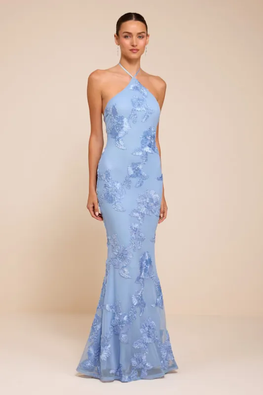 Celyna Light Blue Mesh Floral Applique Maxi Dress made by Lulus