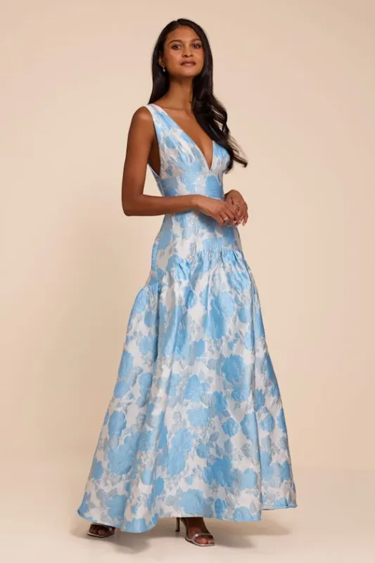 Valna Light Blue Floral Jacquard Drop Waist Maxi Dress made by Lulus