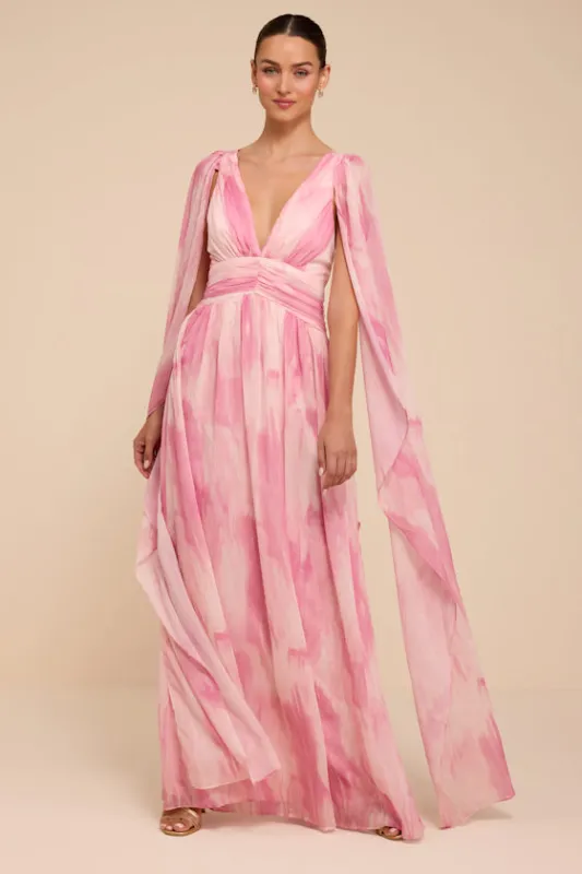 Damaria Pink Multi Abstract Cape Sleeve Maxi Dress made by Lulus