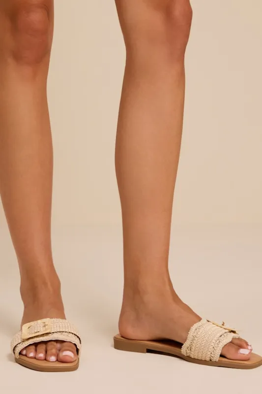 Henia Ivory Raffia Buckle Slide Sandals made by Lulus