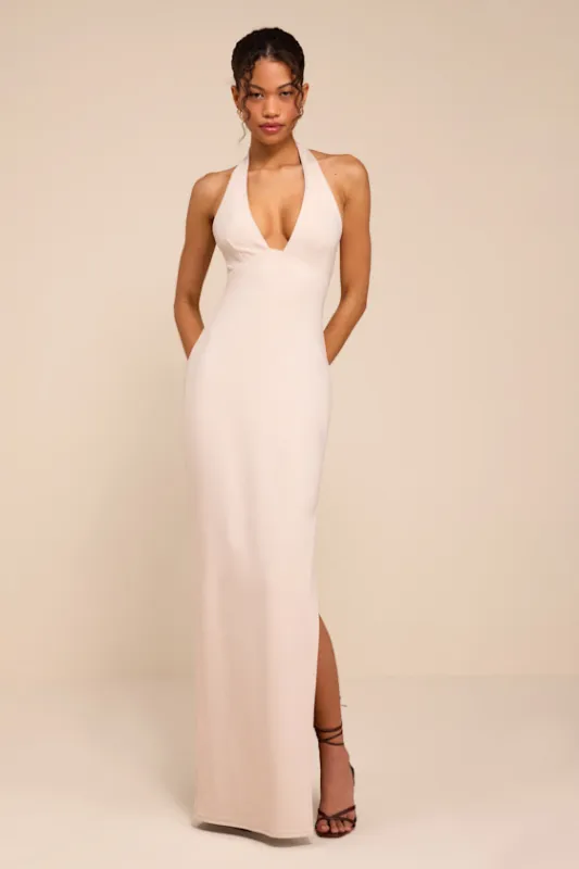 Ellisyn Ivory Ponte Knit Halter Maxi Dress made by Lulus